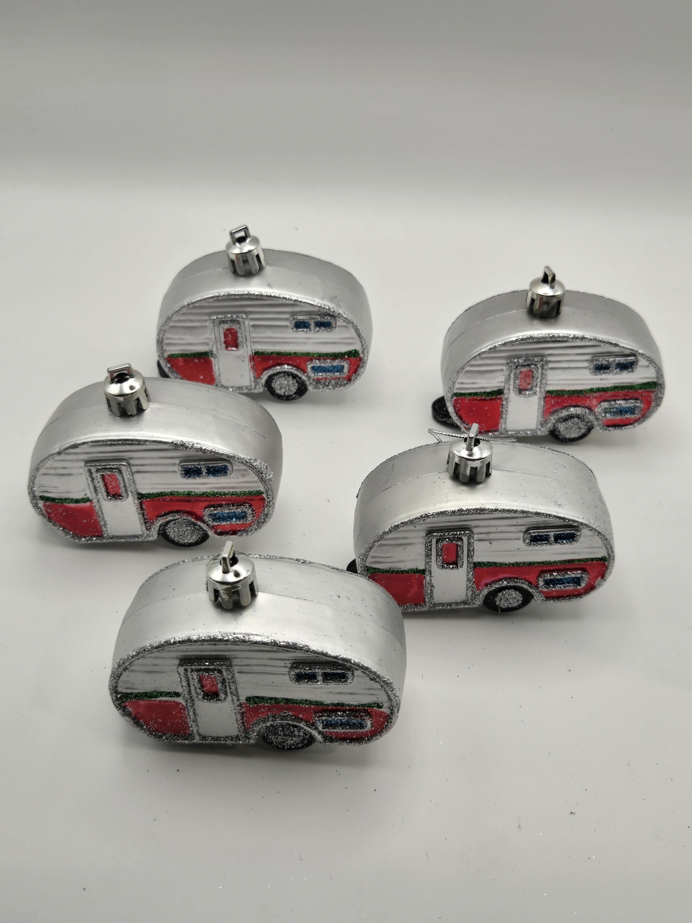 Retro Camper Holiday Ornaments - Silver and Red (Set of 5)